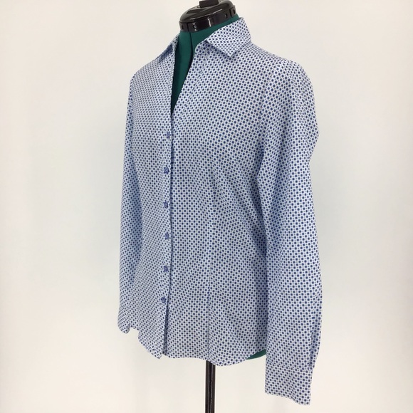 Haggar V-Neck Blue & White Button-Up Blouse, Small - Picture 4 of 14